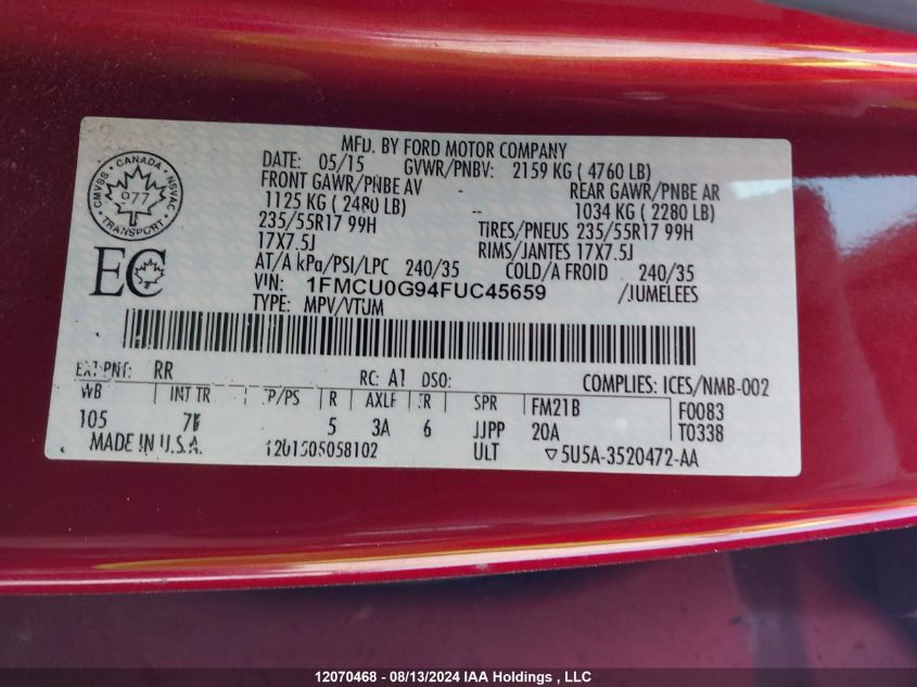 2015 Ford Escape Se VIN: 1FMCU0G94FUC45659 Lot: 12070468