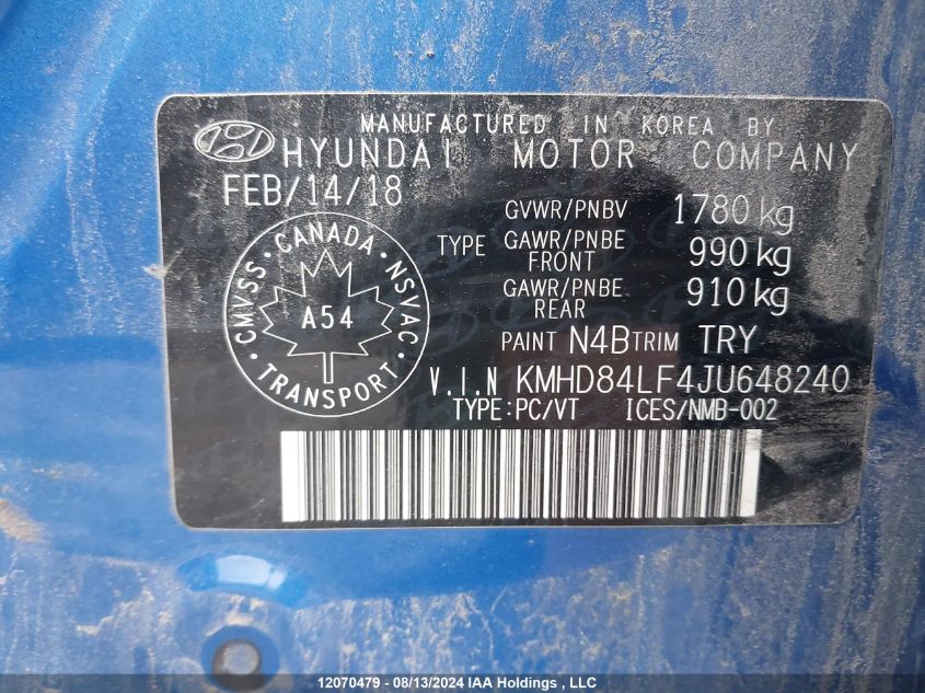 2018 Hyundai Elantra Gl VIN: KMHD84LF4JU648240 Lot: 12070479