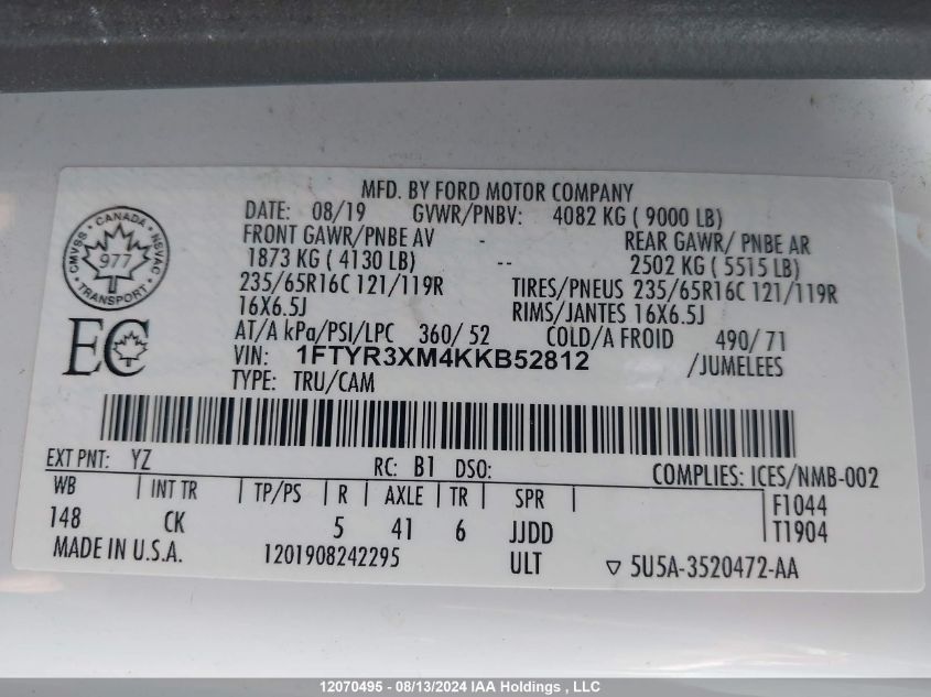 2019 Ford Transit T-250 VIN: 1FTYR3XM4KKB52812 Lot: 12070495