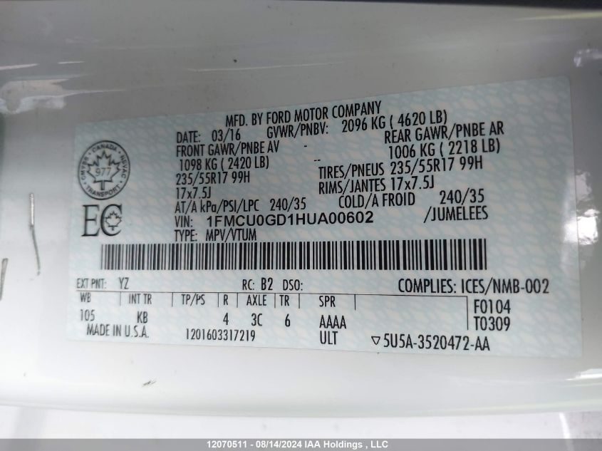 2017 Ford Escape Se VIN: 1FMCU0GD1HUA00602 Lot: 12070511