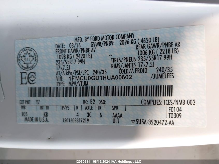 2017 Ford Escape Se VIN: 1FMCU0GD1HUA00602 Lot: 12070511