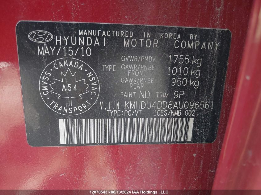 2010 Hyundai Elantra Gl VIN: KMHDU4BD8AU096561 Lot: 12070543