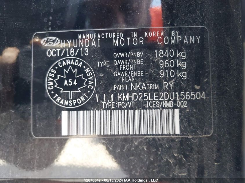 2013 Hyundai Elantra Gt VIN: KMHD25LE2DU156504 Lot: 12070547