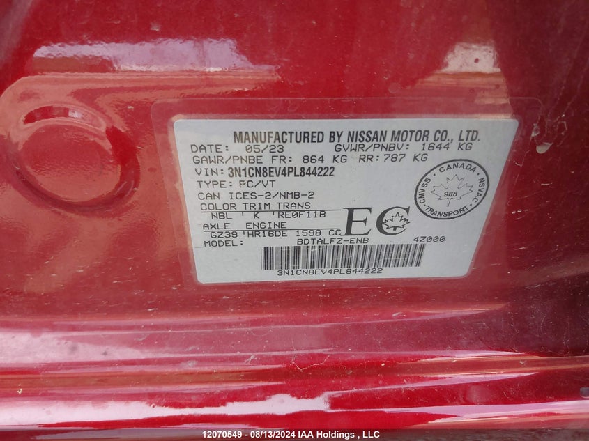 2023 Nissan Versa VIN: 3N1CN8EV4PL844222 Lot: 12070549