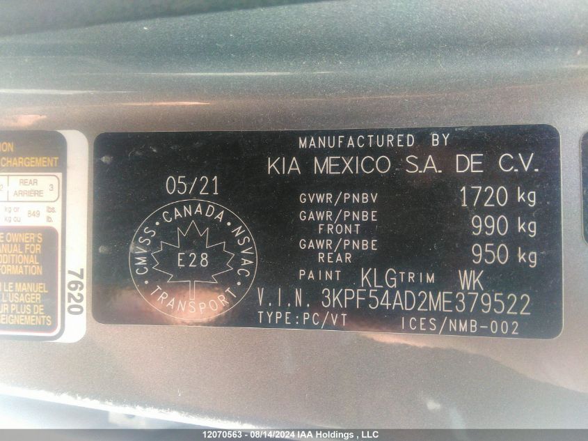 2021 Kia Forte VIN: 3KPF54AD2ME379522 Lot: 12070563