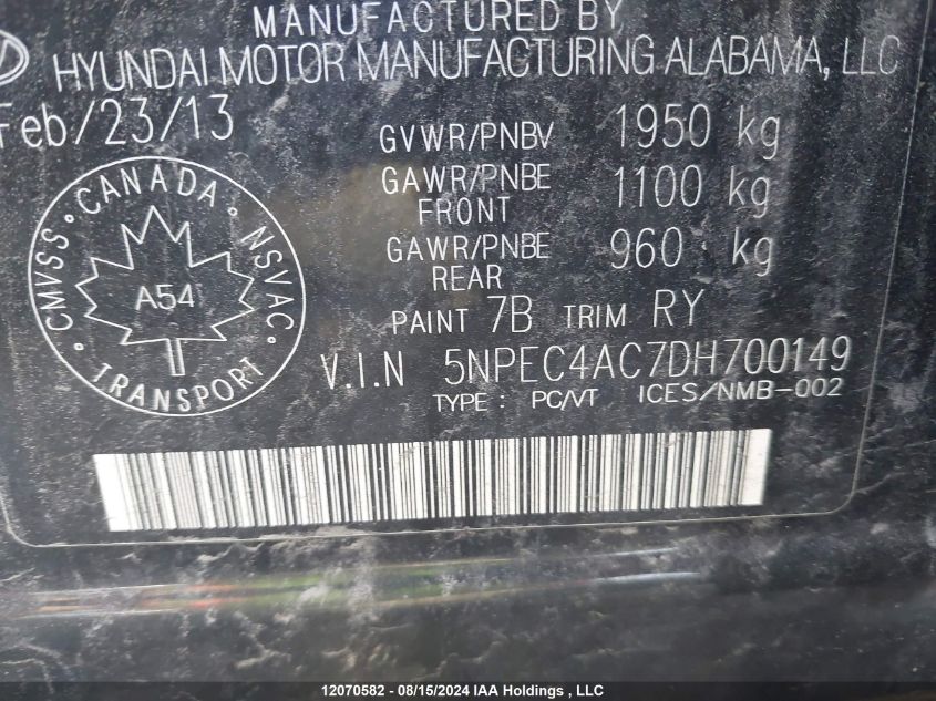 2013 Hyundai Sonata Se/Limited VIN: 5NPEC4AC7DH700149 Lot: 12070582