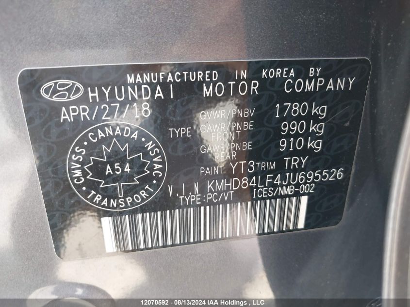 KMHD84LF4JU695526 2018 Hyundai Elantra Sel/Value/Limited