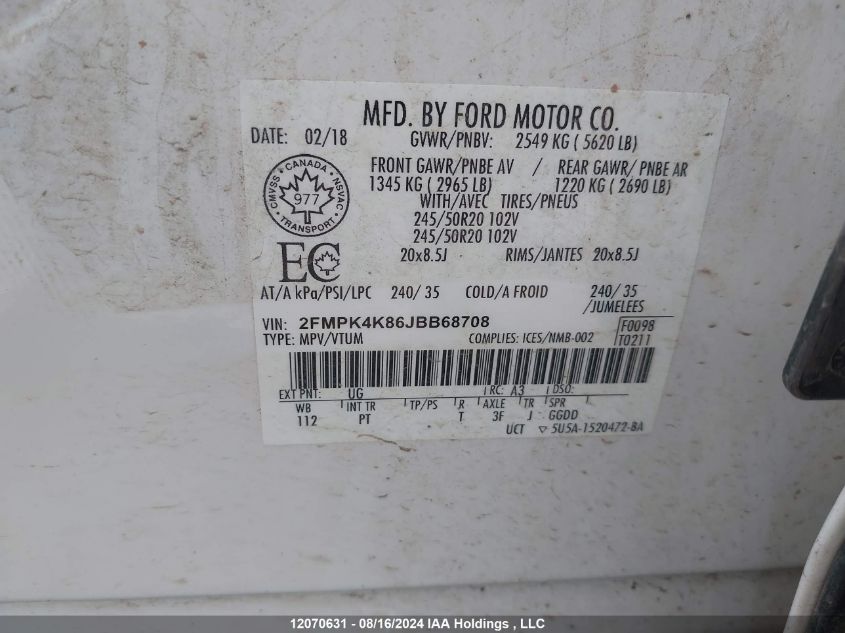 2018 Ford Edge Titanium VIN: 2FMPK4K86JBB68708 Lot: 12070631