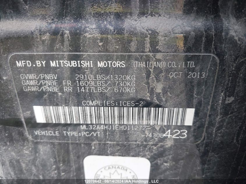 2014 Mitsubishi Mirage VIN: ML32A4HJ1EH011272 Lot: 12070642