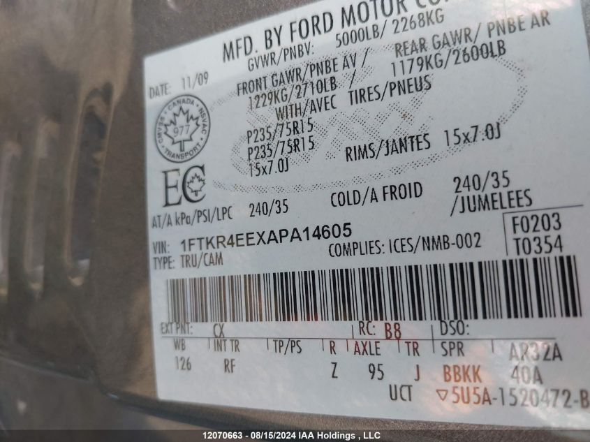 2010 Ford Ranger Super Cab VIN: 1FTKR4EEXAPA14605 Lot: 12070663