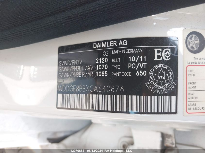 2012 Mercedes-Benz C-Class VIN: WDDGF8BBXCA640876 Lot: 12070683