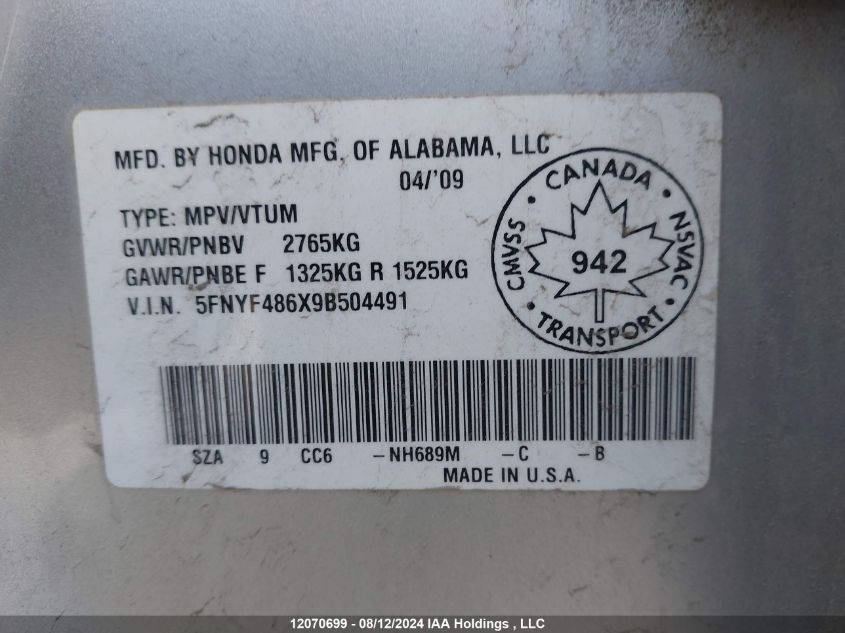 2009 Honda Pilot VIN: 5FNYF486X9B504491 Lot: 12070699