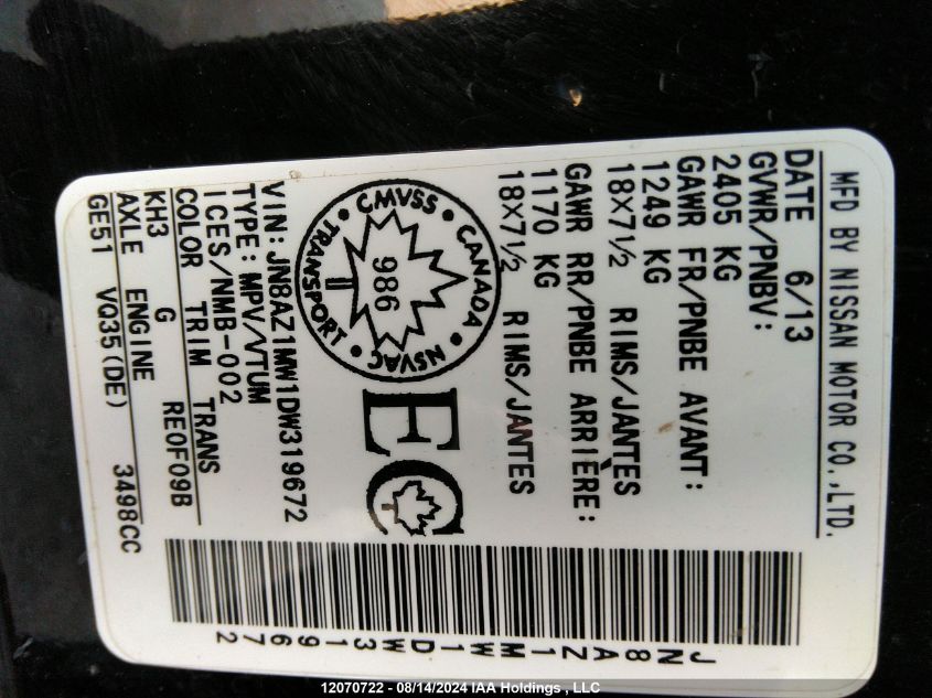 2013 Nissan Murano VIN: JN8AZ1MW1DW319672 Lot: 12070722