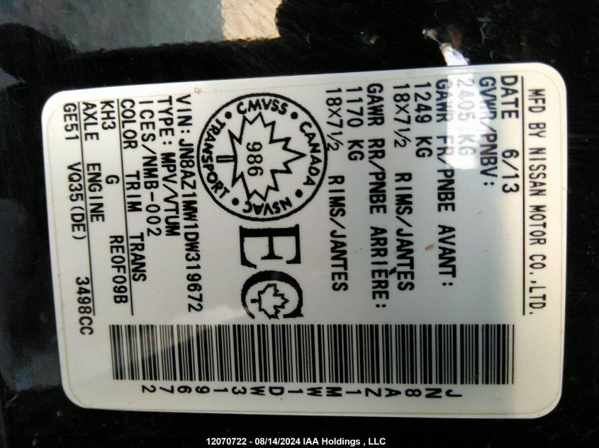 2013 Nissan Murano VIN: JN8AZ1MW1DW319672 Lot: 12070722