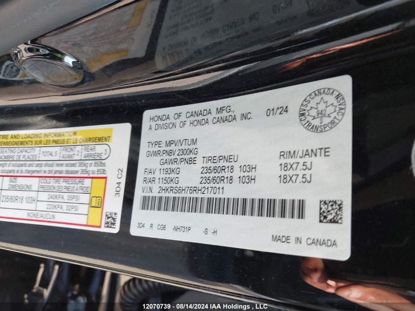 2024 Honda Cr-V Hybrid VIN: 2HKRS6H76RH217011 Lot: 12070739