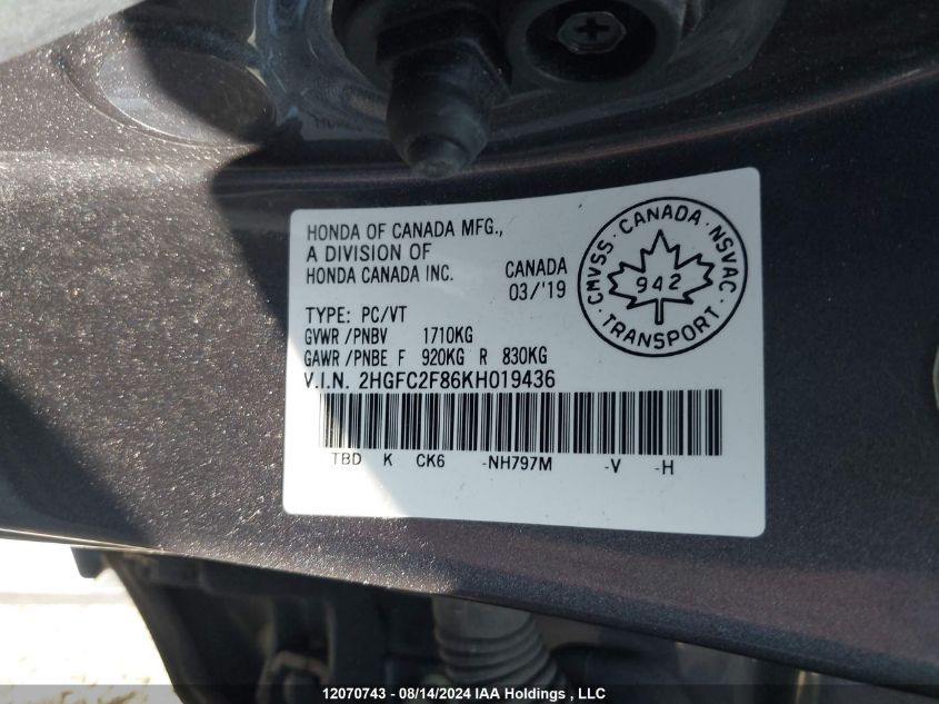 2019 Honda Civic Sport VIN: 2HGFC2F86KH019436 Lot: 12070743