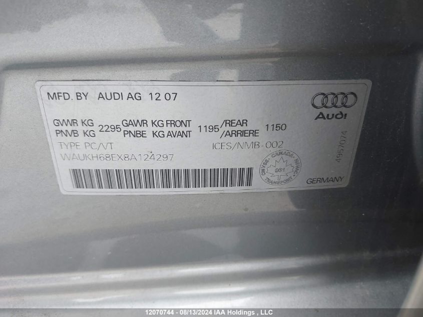 2008 Audi A4 VIN: WAUKH68EX8A124297 Lot: 12070744