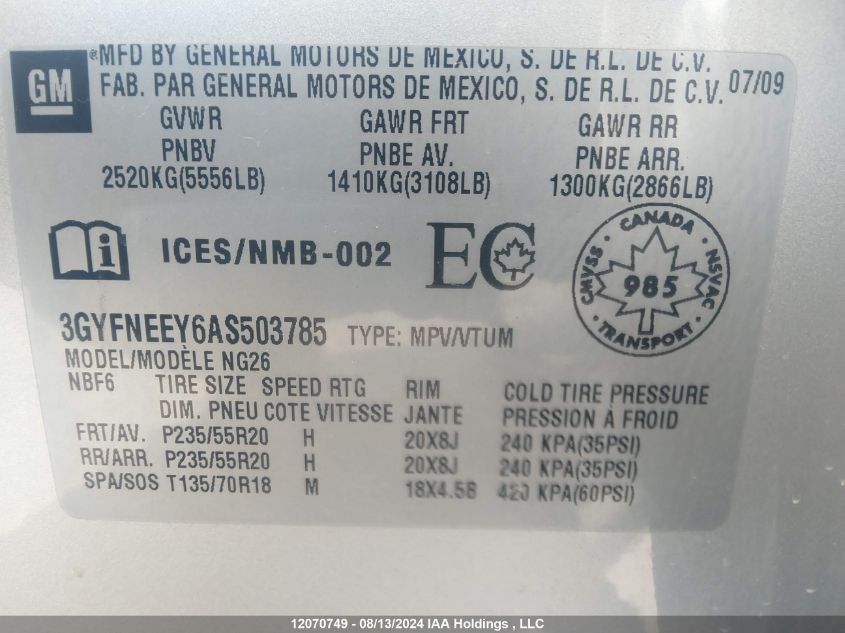 2010 Cadillac Srx VIN: 3GYFNEEY6AS503785 Lot: 12070749