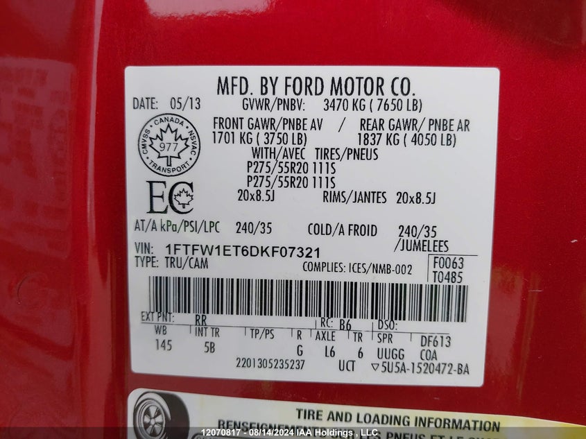 2013 Ford F-150 Fx4 VIN: 1FTFW1ET6DKF07321 Lot: 12070817