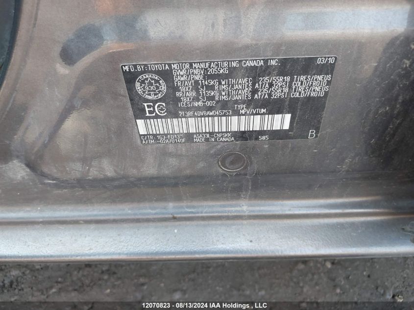 2010 Toyota Rav4 Sport VIN: 2T3RF4DV8AW045753 Lot: 12070823