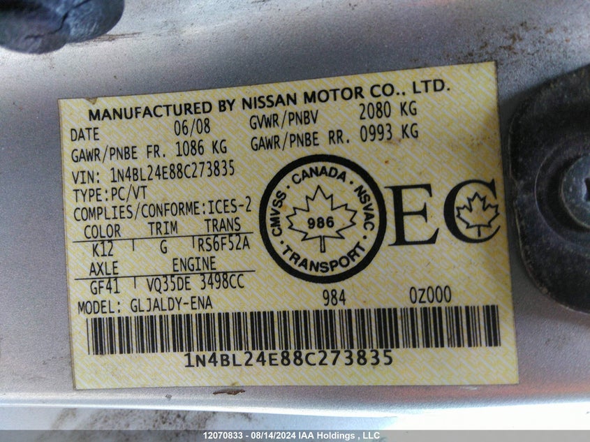 2008 Nissan Altima 3.5Se VIN: 1N4BL24E88C273835 Lot: 12070833