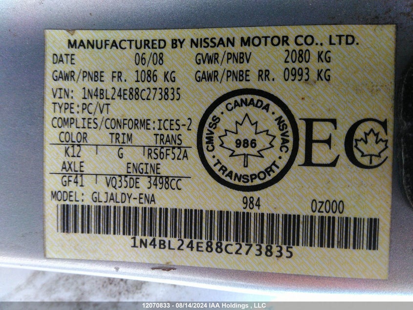 2008 Nissan Altima 3.5Se VIN: 1N4BL24E88C273835 Lot: 12070833