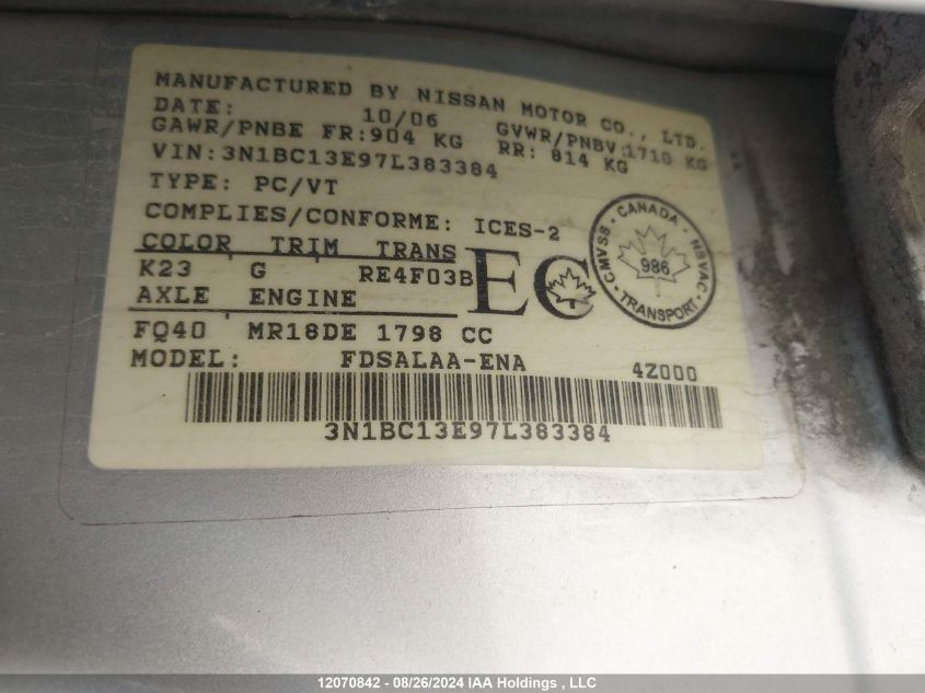 2007 Nissan Versa 1.8S VIN: 3N1BC13E97L383384 Lot: 12070842