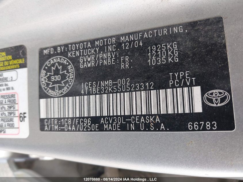 2005 Toyota Camry Le/Se/Std/Xle VIN: 4T1BE32K55U523312 Lot: 12070880