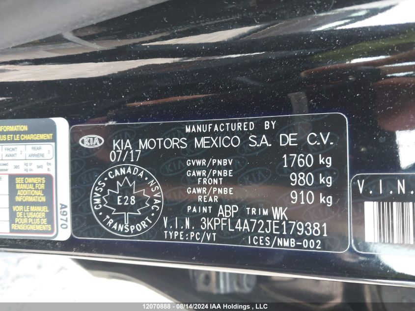 2018 Kia Forte VIN: 3KPFL4A72JE179381 Lot: 12070888