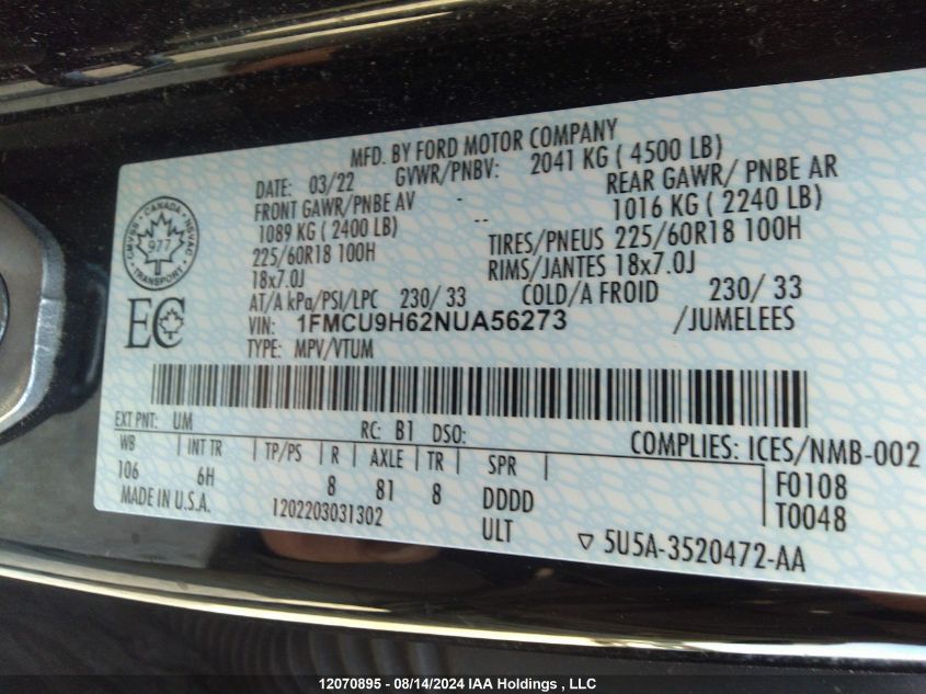 2022 Ford Escape Sel VIN: 1FMCU9H62NUA56273 Lot: 12070895