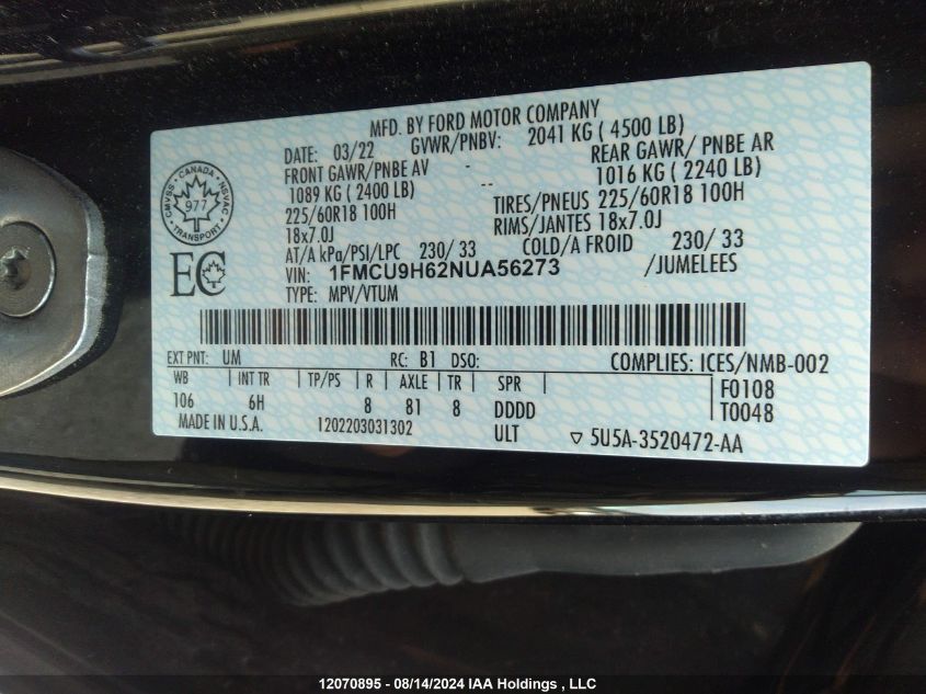 2022 Ford Escape Sel VIN: 1FMCU9H62NUA56273 Lot: 12070895