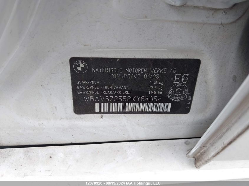 2008 BMW 3 Series VIN: WBAVB73558KY64054 Lot: 12070920