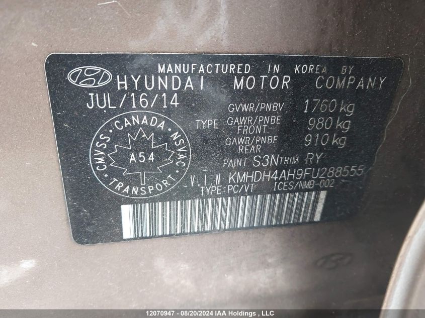 2015 Hyundai Elantra Se/Sport/Limited VIN: KMHDH4AH9FU288555 Lot: 12070947