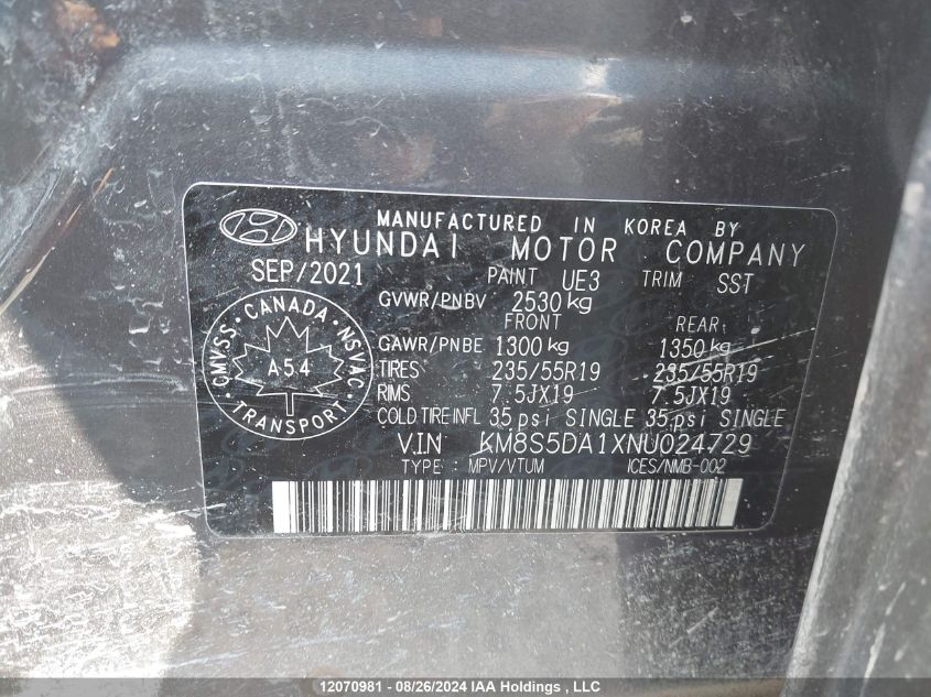 2022 Hyundai Santa Fe Limited VIN: KM8S5DA1XNU024729 Lot: 12070981