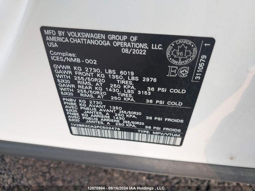 2023 Volkswagen Atlas VIN: 1V2BR2CA2PC502479 Lot: 12070984