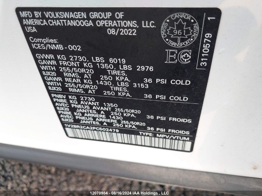 2023 Volkswagen Atlas VIN: 1V2BR2CA2PC502479 Lot: 12070984