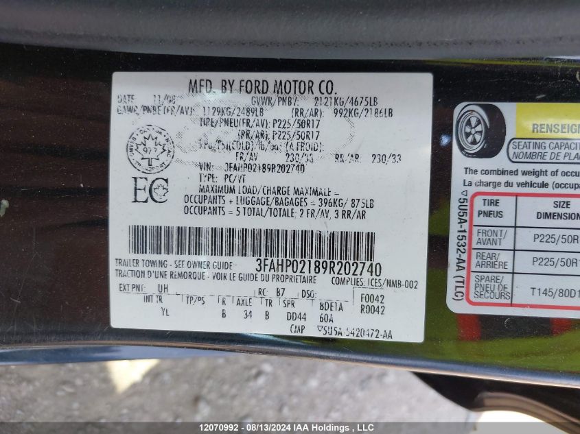 2009 Ford Fusion Sel VIN: 3FAHP02189R202740 Lot: 12070992