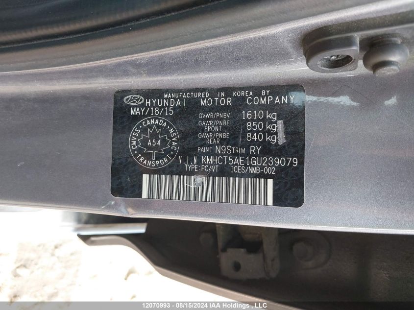 2016 Hyundai Accent Gl VIN: KMHCT5AE1GU239079 Lot: 12070993