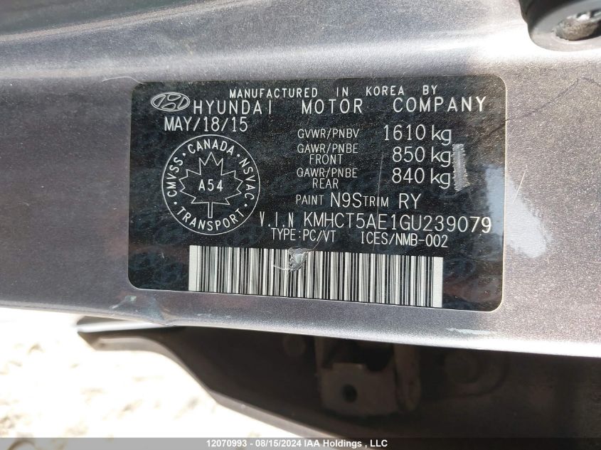 2016 Hyundai Accent Gl VIN: KMHCT5AE1GU239079 Lot: 12070993