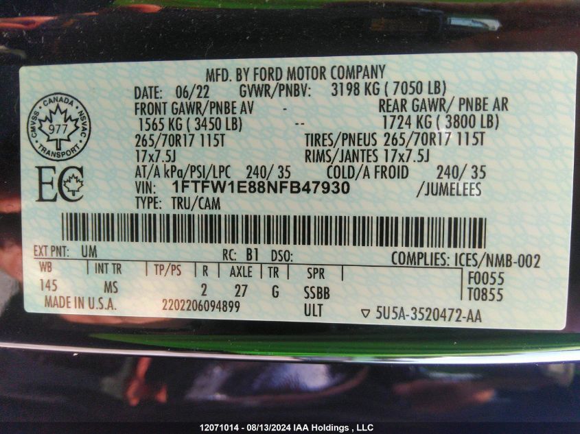 2022 Ford F150 Supercrew VIN: 1FTFW1E88NFB47930 Lot: 12071014