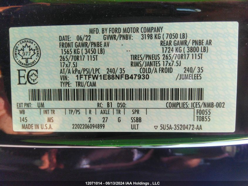 2022 Ford F150 Supercrew VIN: 1FTFW1E88NFB47930 Lot: 12071014