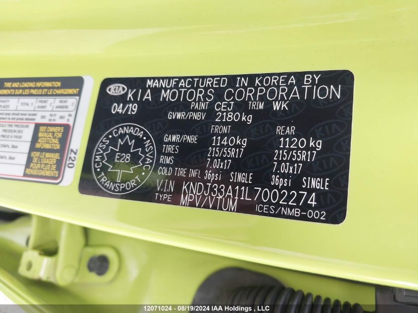 2020 Kia Soul Ev VIN: KNDJ33A11L7002274 Lot: 12071024