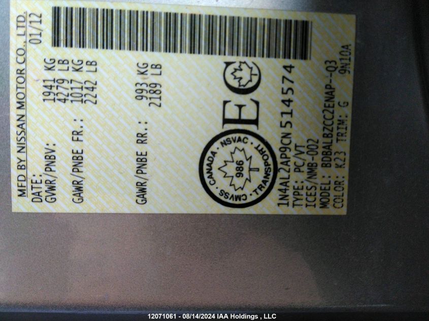 2012 Nissan Altima VIN: 1N4AL2AP9CN514574 Lot: 12071061