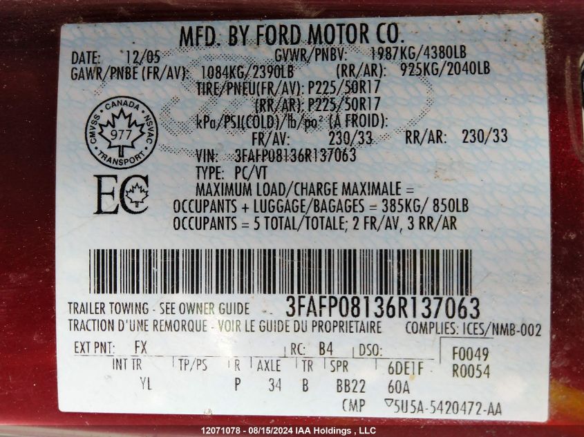2006 Ford Fusion Sel VIN: 3FAFP08136R137063 Lot: 12071078