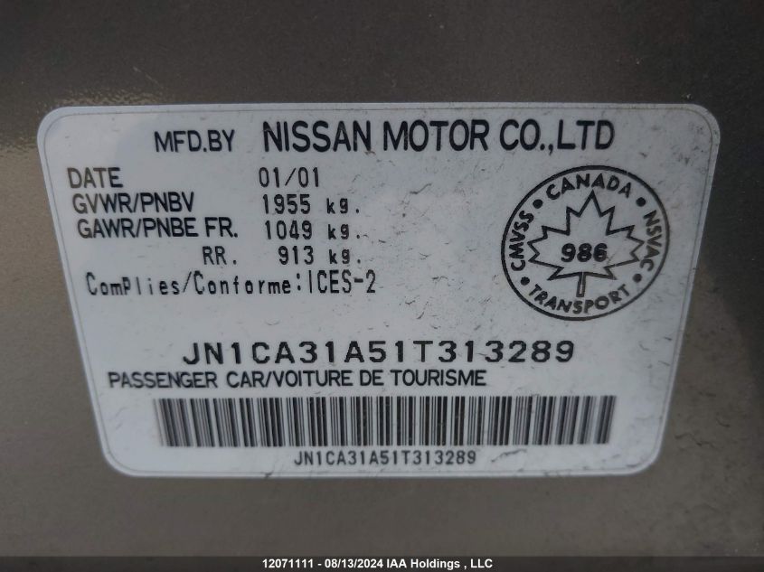 2001 Nissan Maxima Se VIN: JN1CA31A51T313289 Lot: 12071111