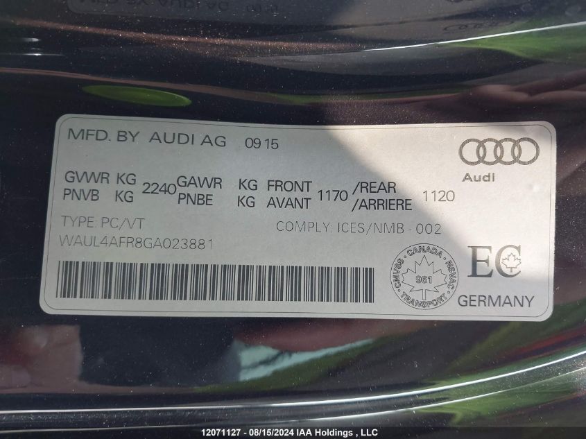 2016 Audi S5 VIN: WAUL4AFR8GA023881 Lot: 12071127