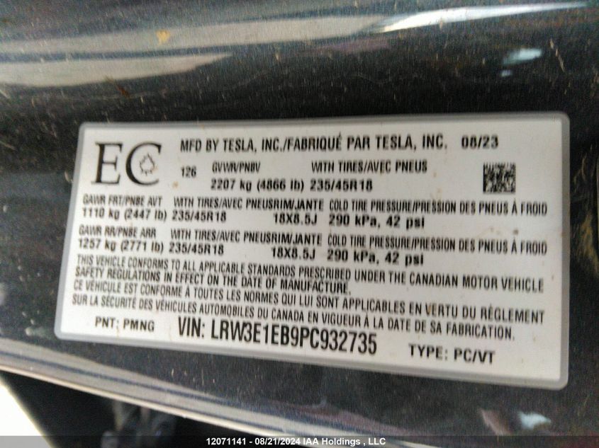 2023 Tesla Model 3 VIN: LRW3E1EB9PC932735 Lot: 12071141