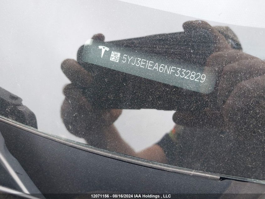 2022 Tesla Model 3 VIN: 5YJ3E1EA6NF332829 Lot: 12071156