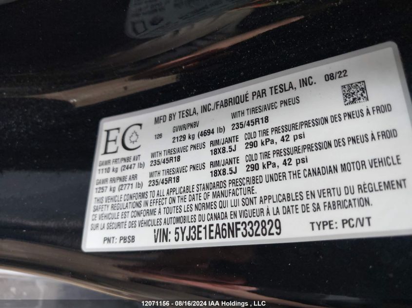 2022 Tesla Model 3 VIN: 5YJ3E1EA6NF332829 Lot: 12071156
