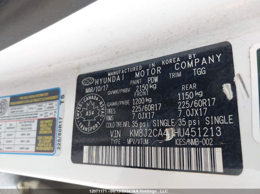 2017 Hyundai Tucson VIN: KM8J2CA4XHU451213 Lot: 12071171